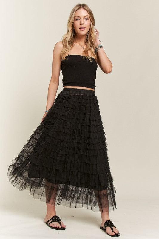 ADORA Elastic Waist Layered Mesh Midi Skirt-3