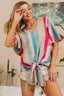 BiBi Multi Stripe Woven V Neck Top with Long Front Tie in Pink