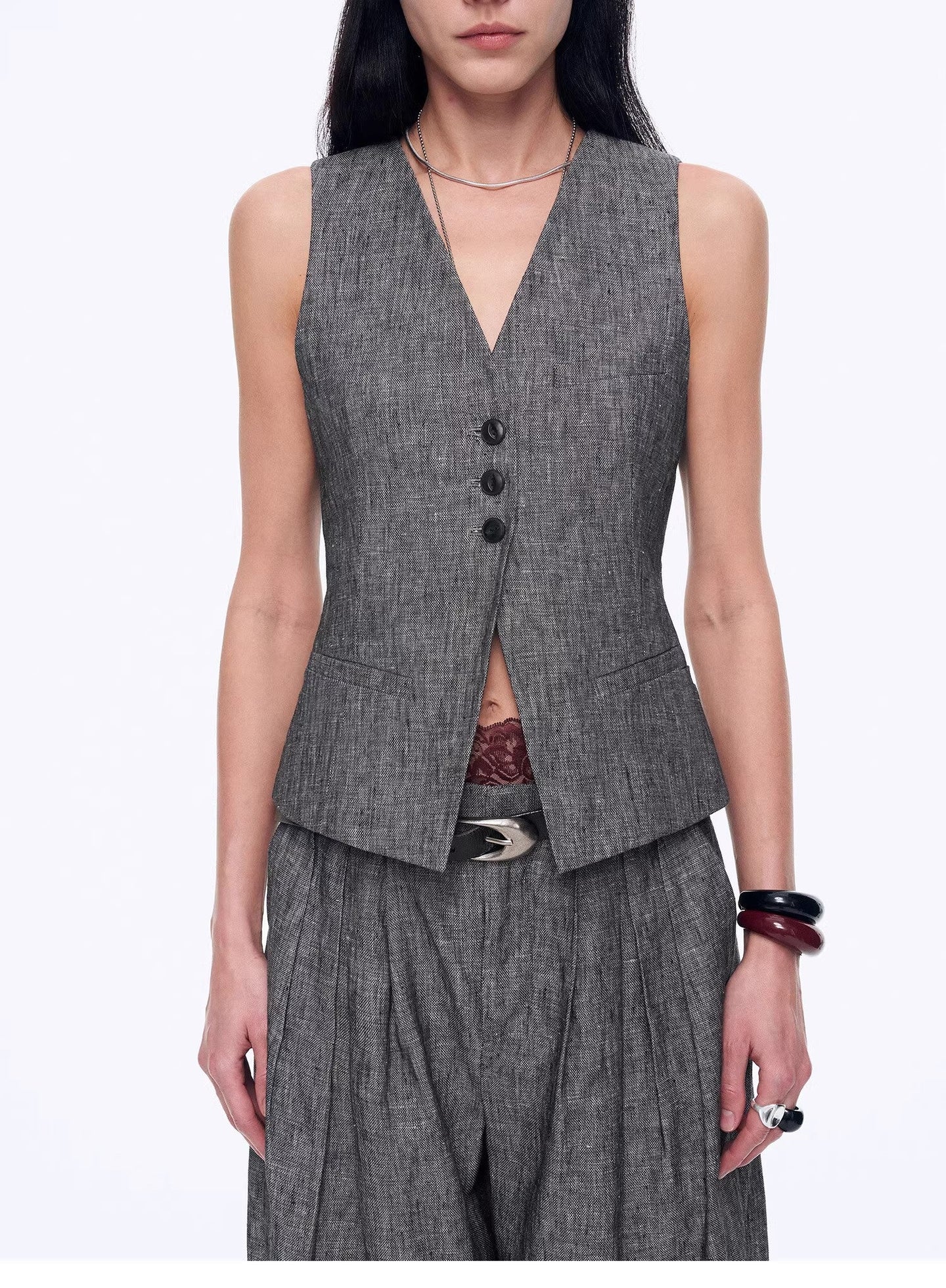 Old Money Space Linen Draped Vest and Straight Trousers Suit - view 8 | The BB's Box
