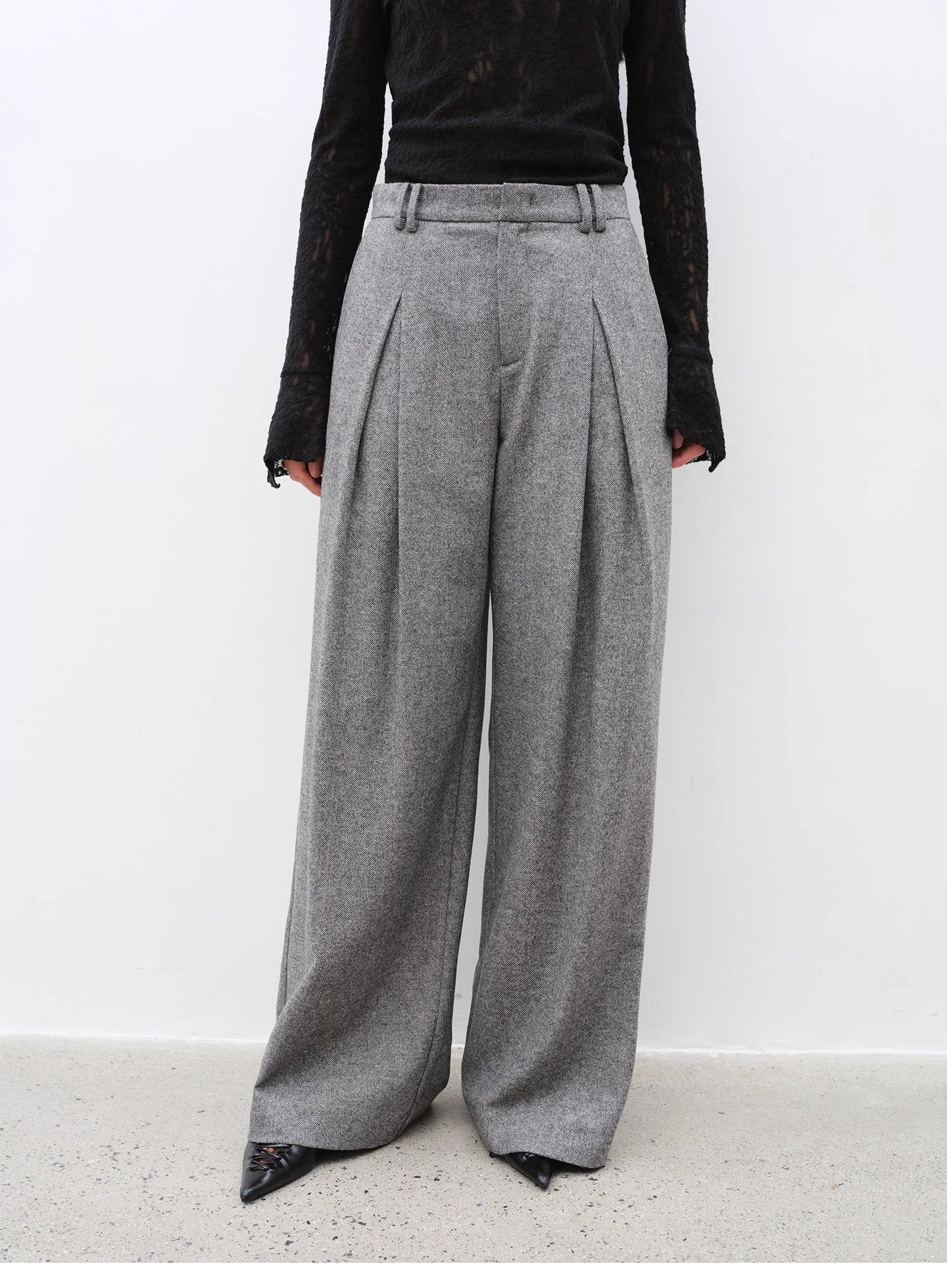 Casual and Relaxed Wool-Blend Double-Pleated Straight Draped Wide-Leg - side view | The BB's Box