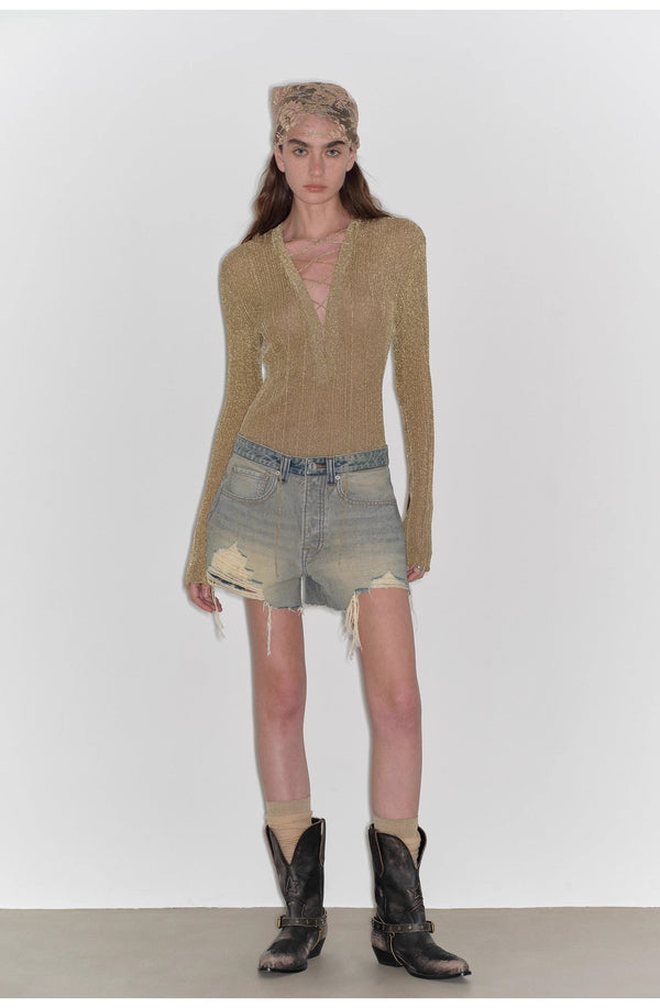 Blue Rhythm Retro and Fashionable A-Line Silhouette, Slim-Fitting Denim Shorts - front view | The BB's Box