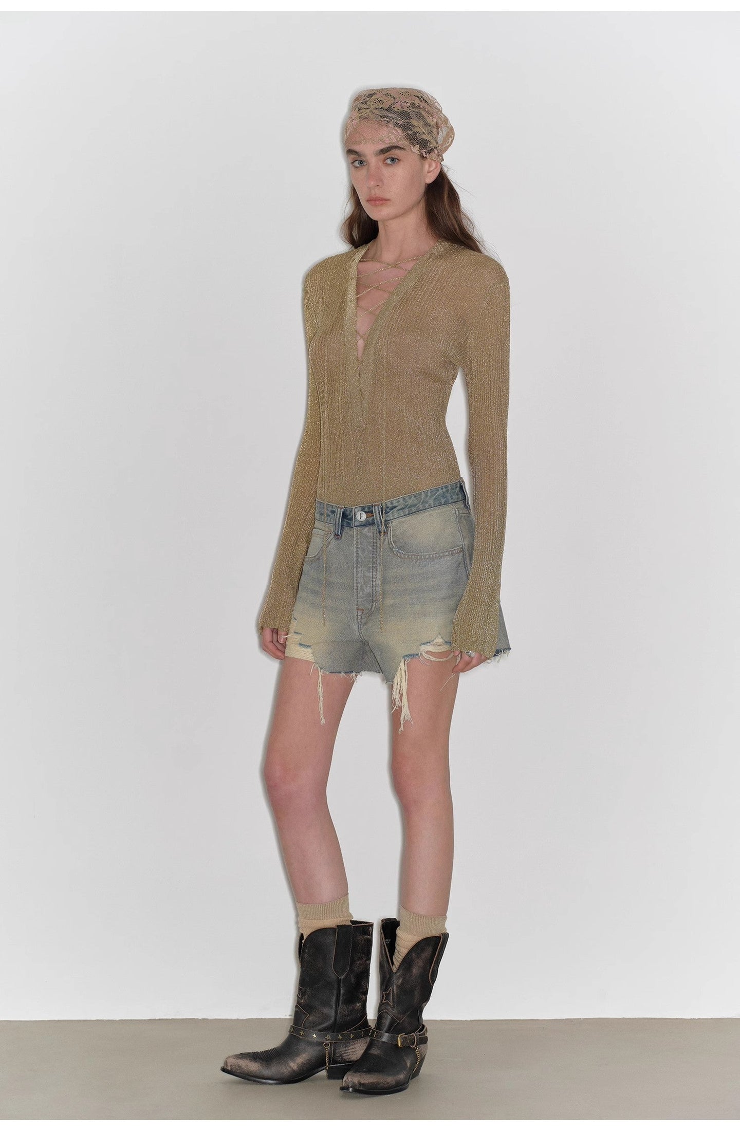 Blue Rhythm Retro and Fashionable A-Line Silhouette, Slim-Fitting Denim Shorts - front view | The BB's Box
