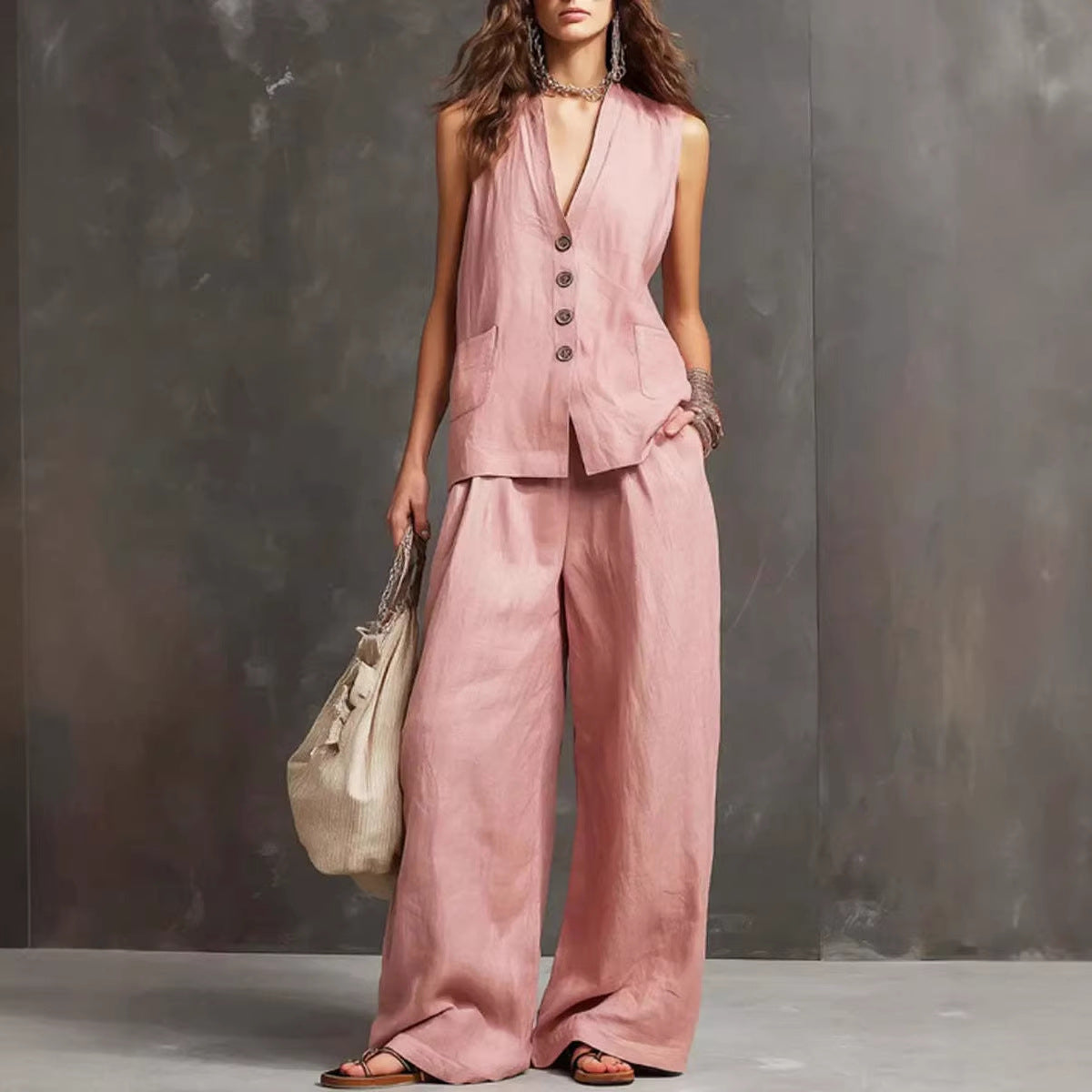 Cotton linen vest and wide-leg pants set - view 6