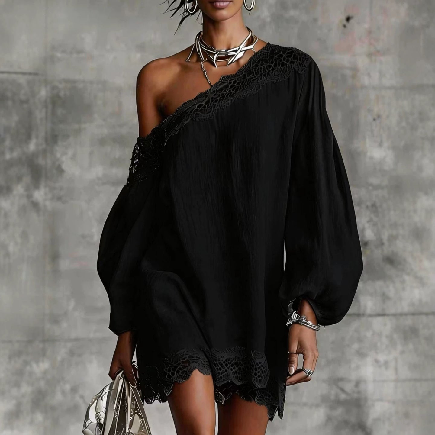 Lace-Trimmed Off-Shoulder Long-Sleeve Top