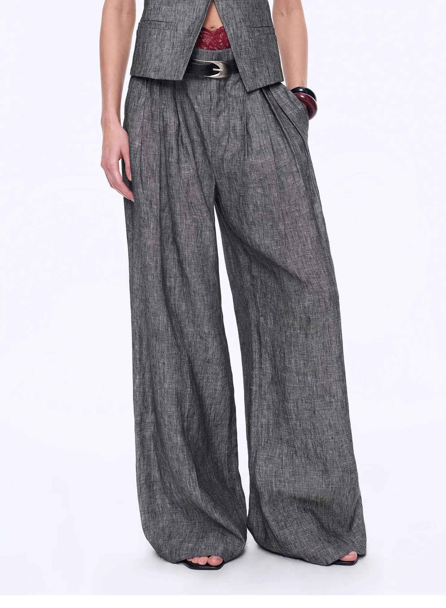 Old Money Space Linen Draped Vest and Straight Trousers Suit - detail view | The BB's Box