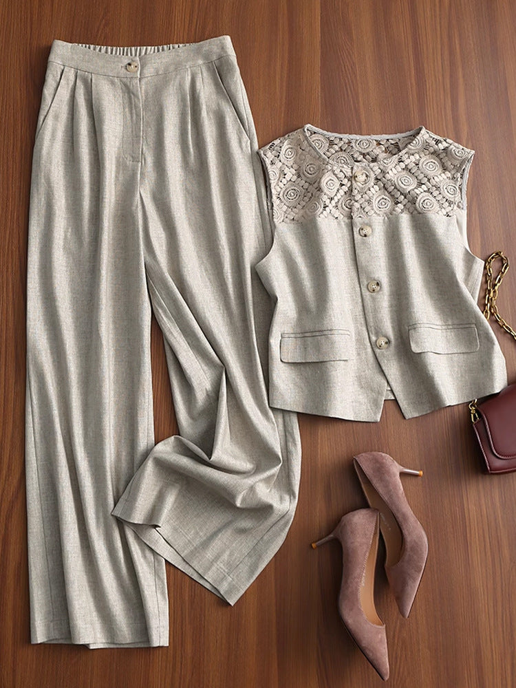Linen lace vest and wide-leg pants set - view 6
