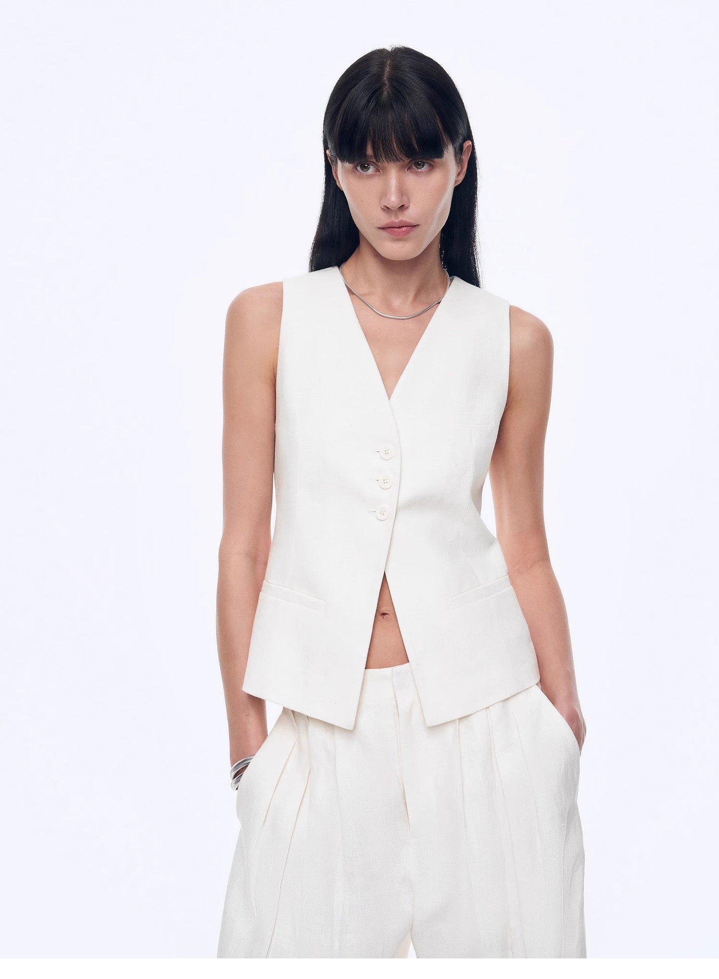 Old Money Space Linen Draped Vest and Straight Trousers Suit - detail view | The BB's Box
