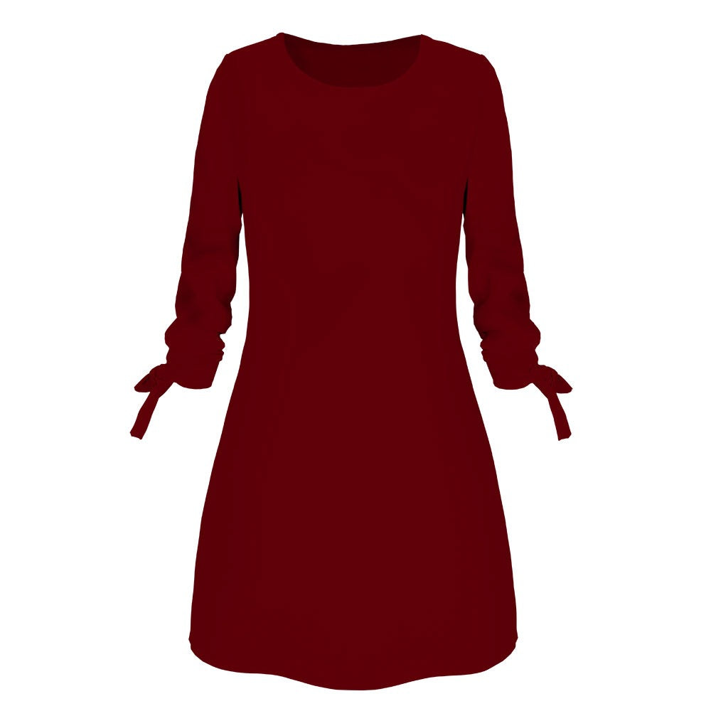 Solid Color Casual Dress with O-Neck and Tie Detail - front view | The BB's Box