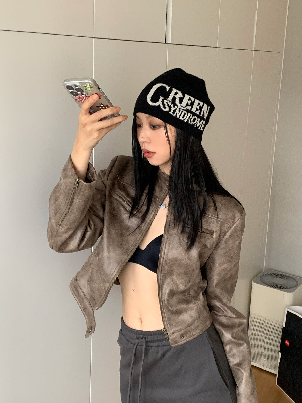 Short brown faux leather biker jacket - view 5