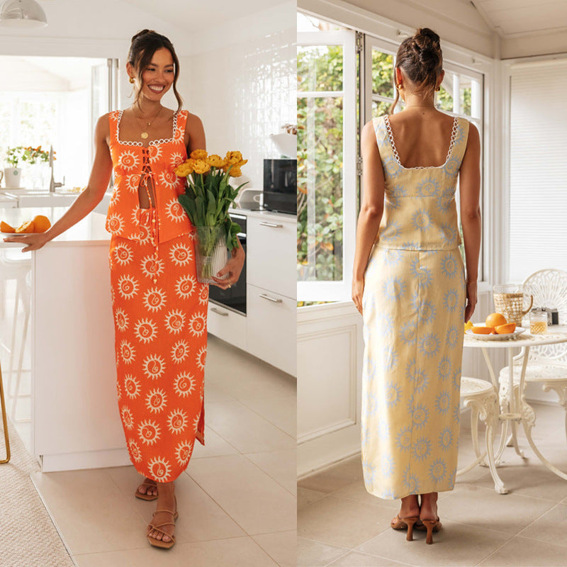 2024 Floral Print Midi Dress with Lace Panel Top Set - detail view | The BB's Box