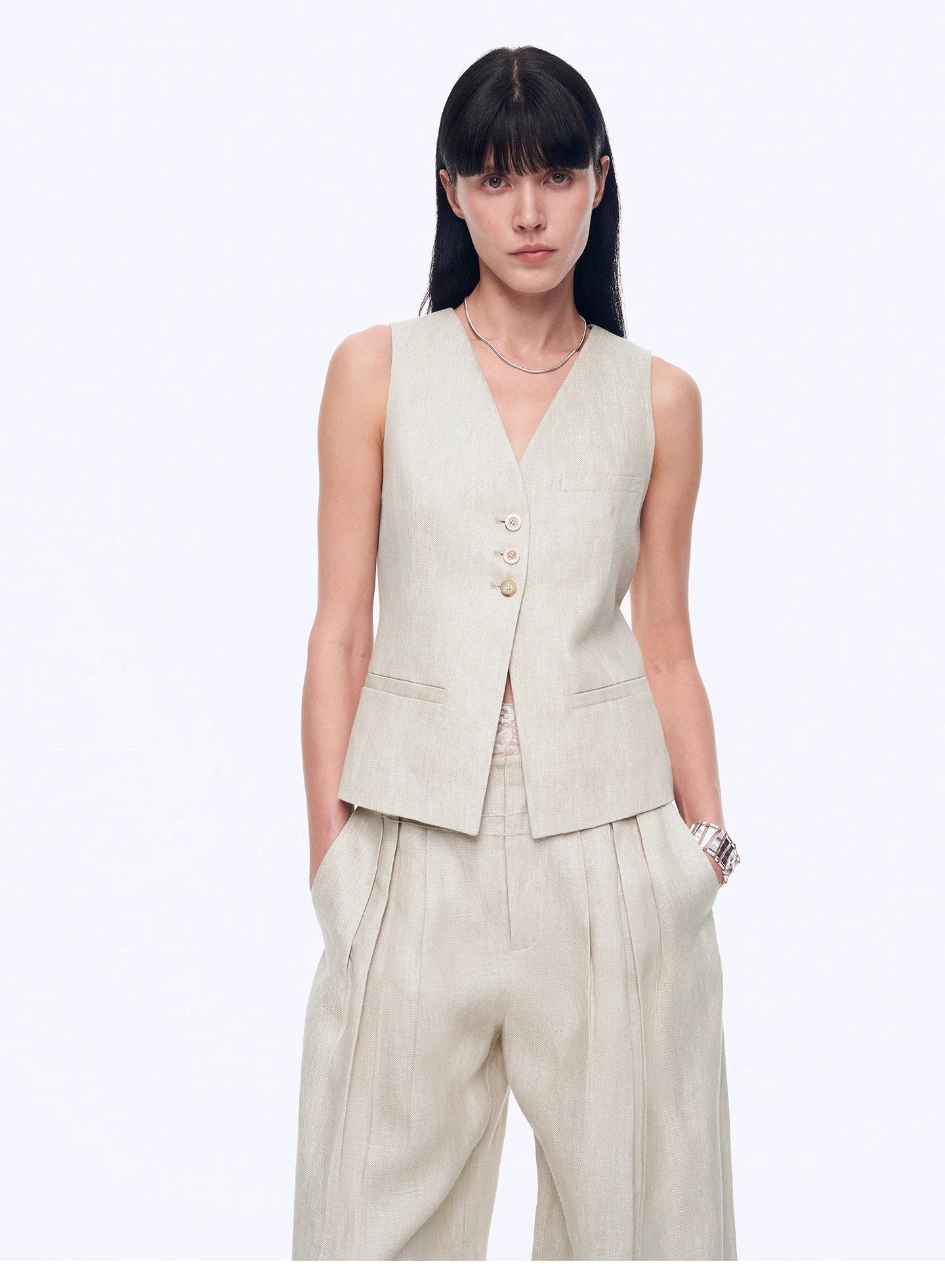 Old Money Space Linen Draped Vest and Straight Trousers Suit - view 26 | The BB's Box