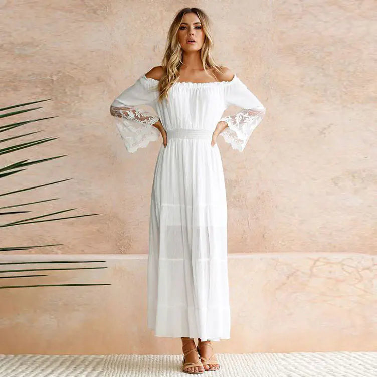 Sexy Lace Panel Off-Shoulder Maxi Dress