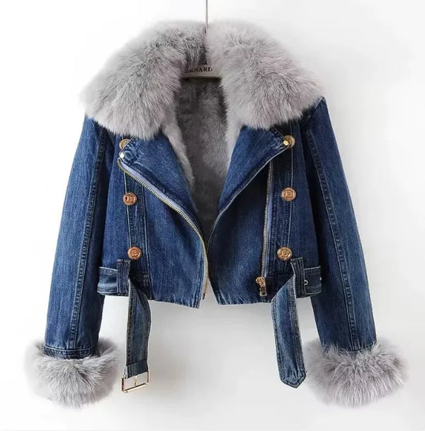 Denim Coat with Removable Fox & Rabbit Fur Liner - front view | The BB's Box