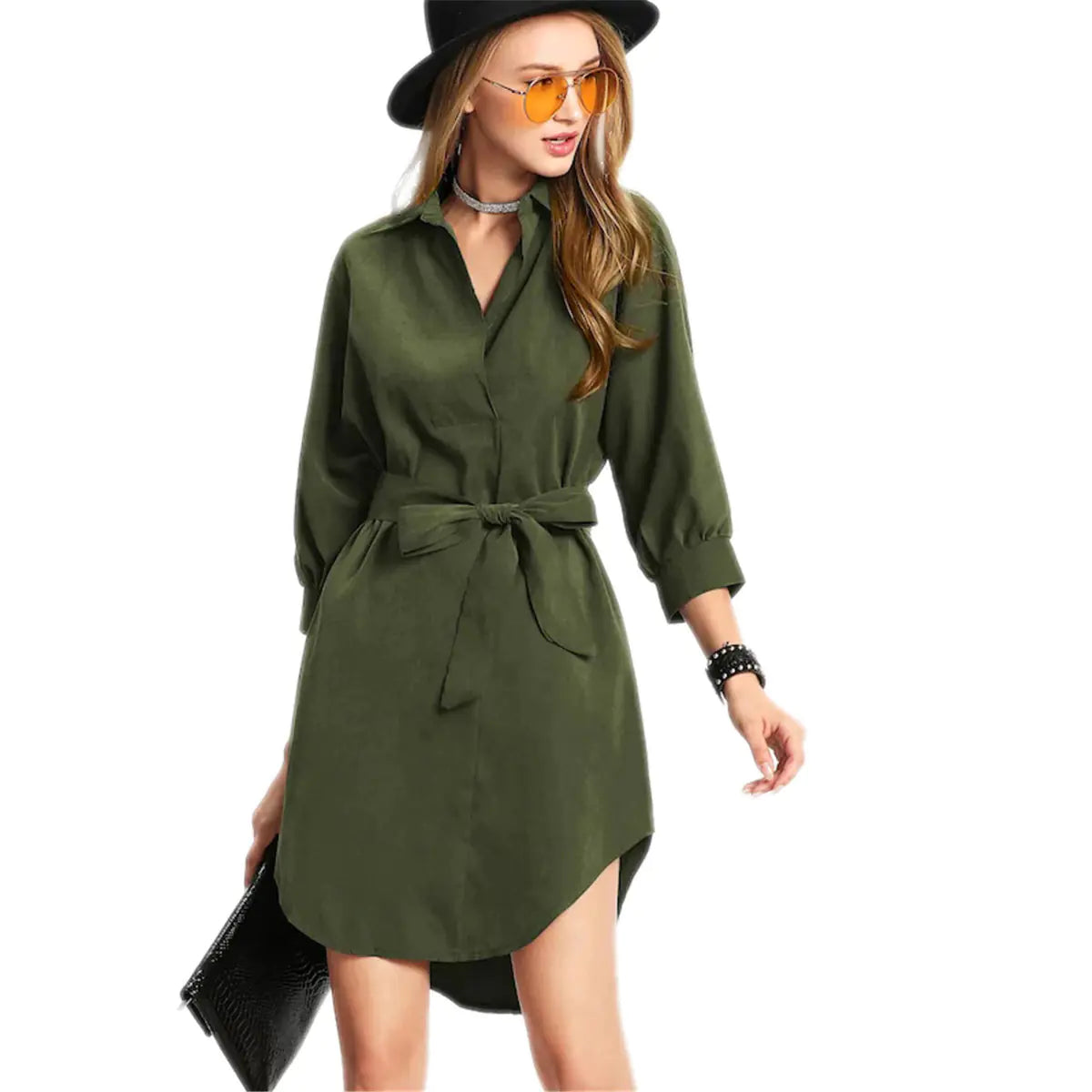 Elegant Autumn Winter Dress with Belt and Tail Design - close-up | The BB's Box