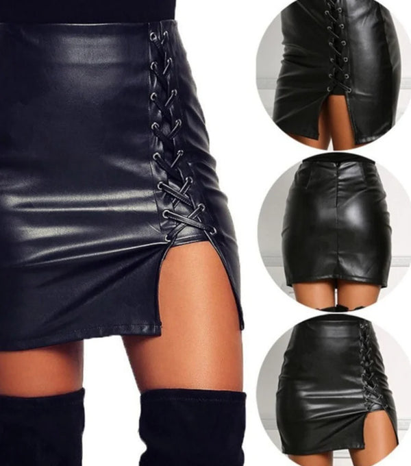 Belted Leather High-Slit Skirt - front view | The BB's Box