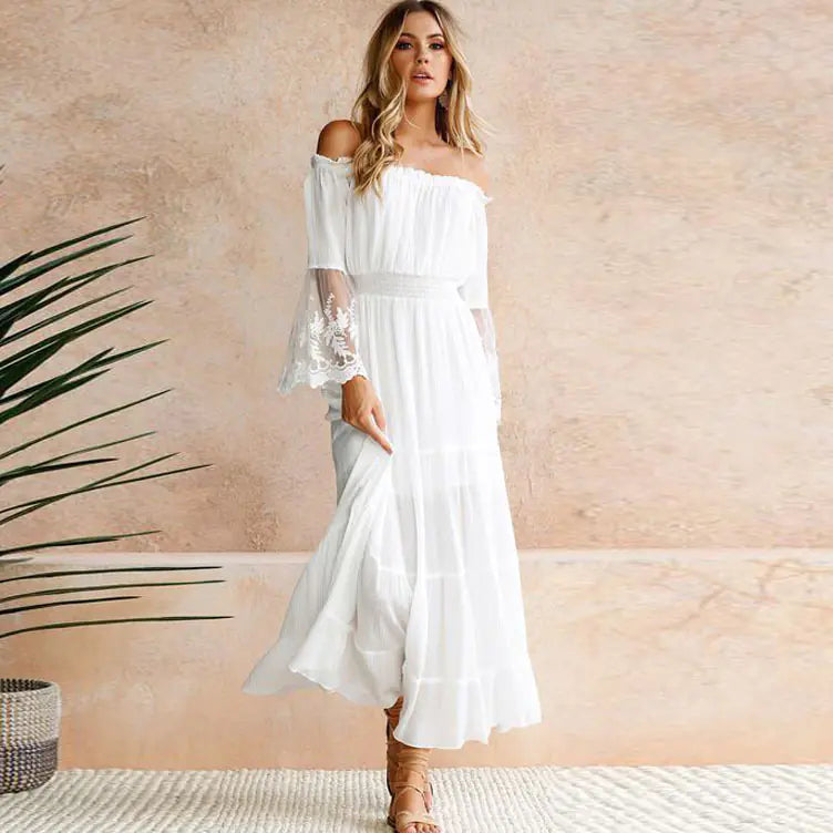 Sexy Lace Panel Off-Shoulder Maxi Dress