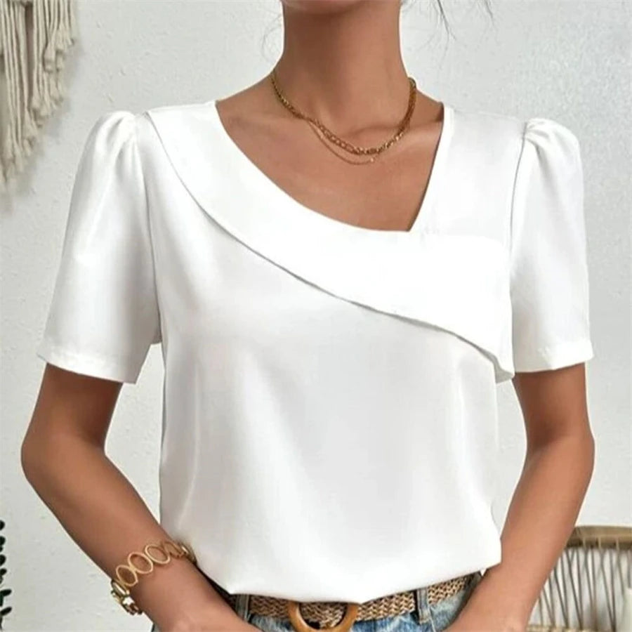 Elegant Woman Shirt  Casual Fashion Blouse Short Sleeve Loose Printed  Shirt Wom - front view | The BB's Box
