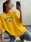 2026 New Vintage Brazil Print Women O-Neck Tshirt Summer Patchwork Short Sleeve  - detail view | The BB's Box