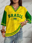 Summer New Vintage Brazil Print Women V-Neck T Shirt Patchwork Short Sleeve Sports Tees Football Jersey Y2K Loose Oversized Tops