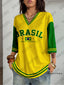 Summer New Vintage Brazil Print Women V-Neck T Shirt Patchwork Short Sleeve Spor - side view | The BB's Box