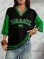 Summer New Vintage Brazil Print Women V-Neck T Shirt Patchwork Short Sleeve Spor - close-up | The BB's Box
