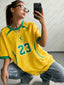 2026 New Vintage Brazil Print Women O-Neck Tshirt Summer Patchwork Short Sleeve  - styling view | The BB's Box
