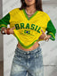Summer New Vintage Brazil Print Women V-Neck T Shirt Patchwork Short Sleeve Spor - back view | The BB's Box