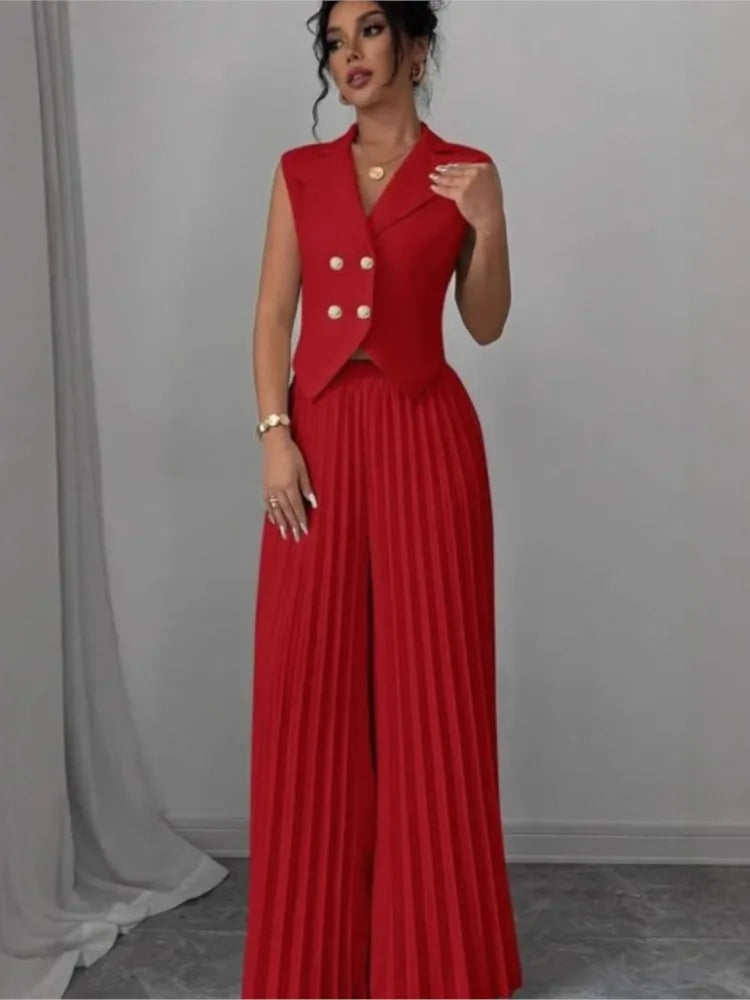 Women Fashion Solid Office Suit Casual Slim Button Two Piece Set Elegant Turn Do - back view | The BB's Box