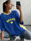 2026 New Vintage Brazil Print Women O-Neck Tshirt Summer Patchwork Short Sleeve  - back view | The BB's Box