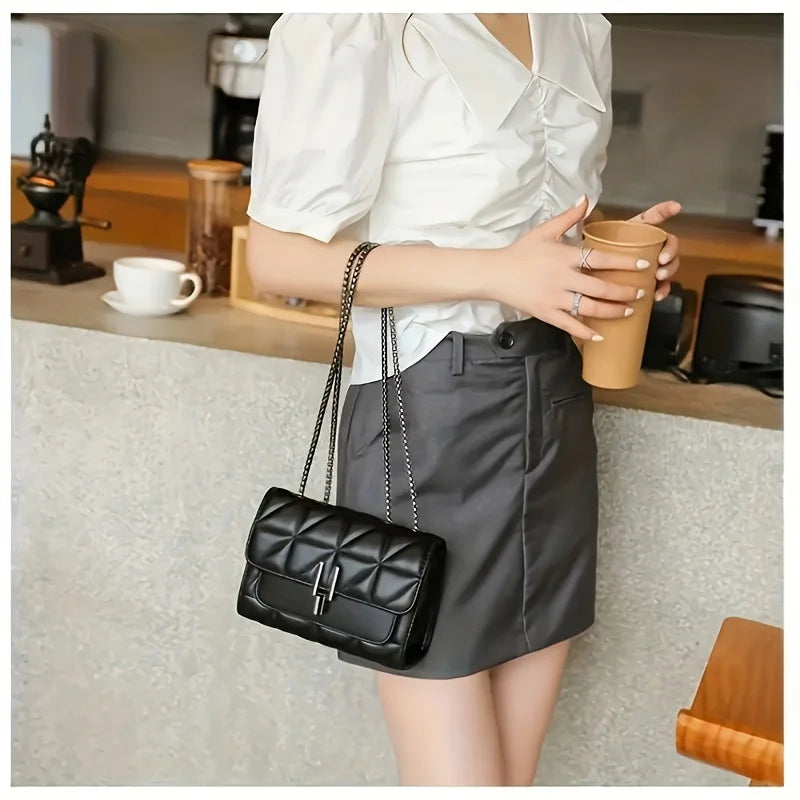 Elegant Black Mini Tartan Crossbody Bag  Adjustable Shoulder Strap, Turn Lock Cl - back view | The BB's Box
