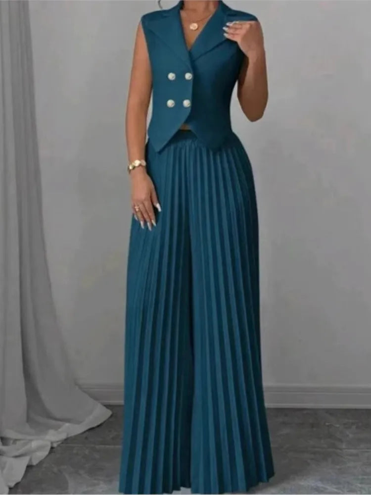 Women Fashion Solid Office Suit Casual Slim Button Two Piece Set Elegant Turn Do - side view | The BB's Box
