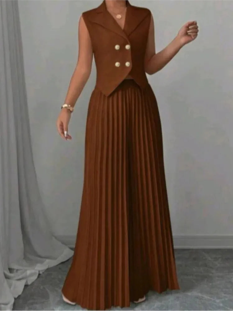 Women Fashion Solid Office Suit Casual Slim Button Two Piece Set Elegant Turn Do - close-up | The BB's Box