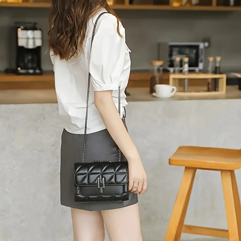 Elegant Black Mini Tartan Crossbody Bag  Adjustable Shoulder Strap, Turn Lock Cl - side view | The BB's Box