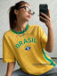 2026 New Vintage Brazil Print Women O-Neck Tshirt Summer Patchwork Short Sleeve Sports Tee Football Jersey Loose Y2K Street Tops