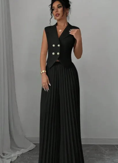 Women Fashion Solid Office Suit Casual Slim Button Two Piece Set Elegant Turn Do - close-up | The BB's Box
