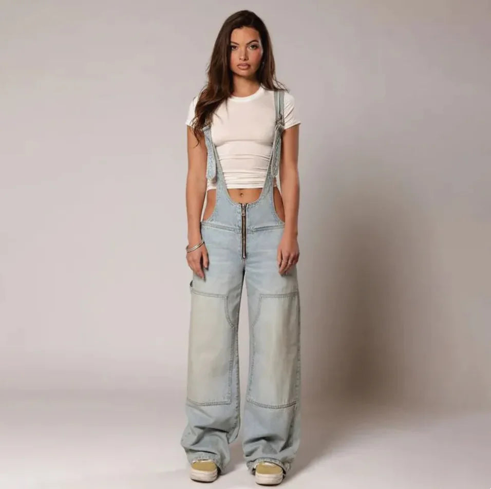 Y2K Zipper Denim Overalls - close-up | The BB's Box