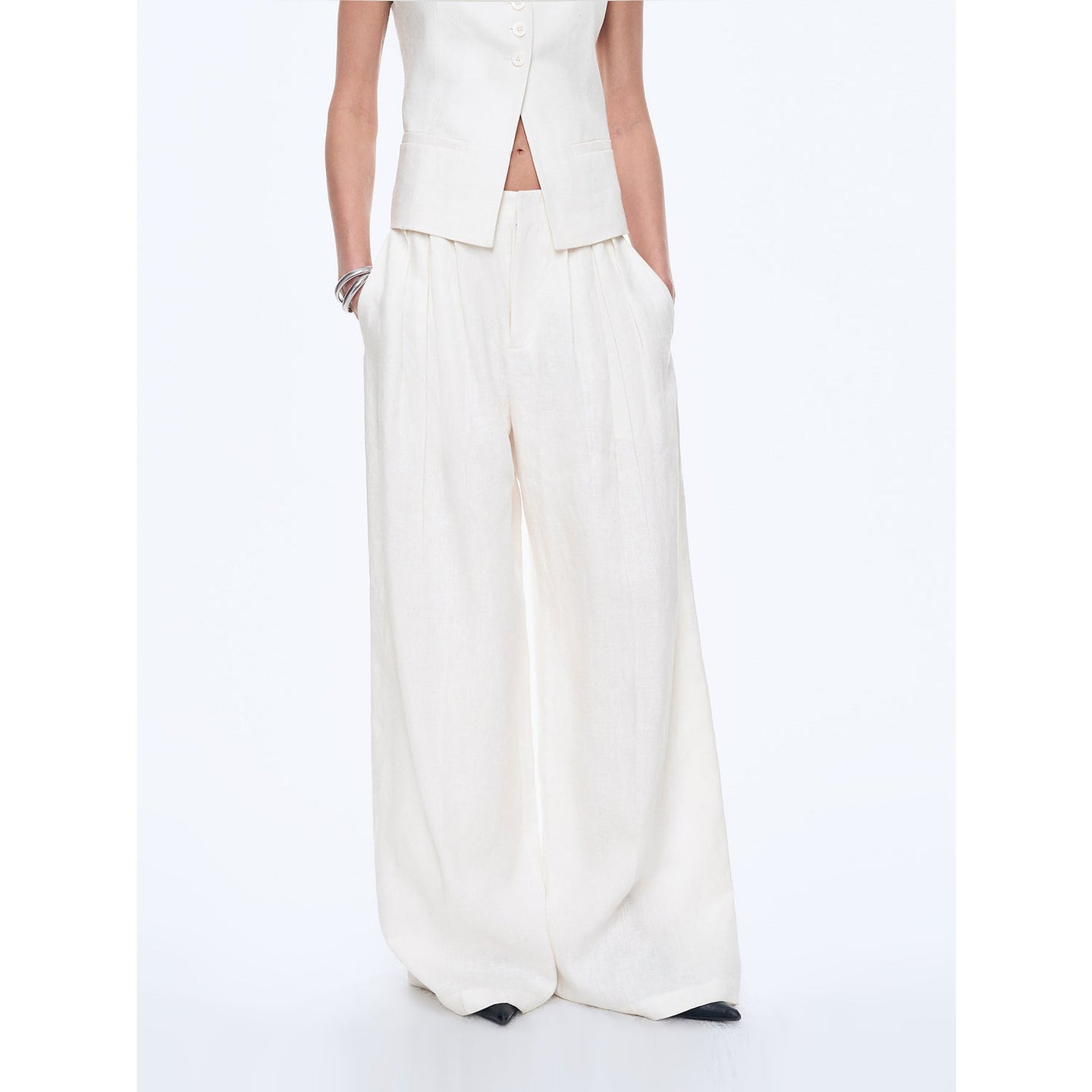 Old Money Space Linen Draped Vest and Straight Trousers Suit - view 14 | The BB's Box