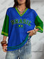 Summer New Vintage Brazil Print Women V-Neck T Shirt Patchwork Short Sleeve Spor - styling view | The BB's Box