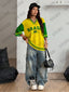 Summer New Vintage Brazil Print Women V-Neck T Shirt Patchwork Short Sleeve Spor - styling view | The BB's Box