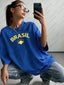 2026 New Vintage Brazil Print Women O-Neck Tshirt Summer Patchwork Short Sleeve  - back view | The BB's Box