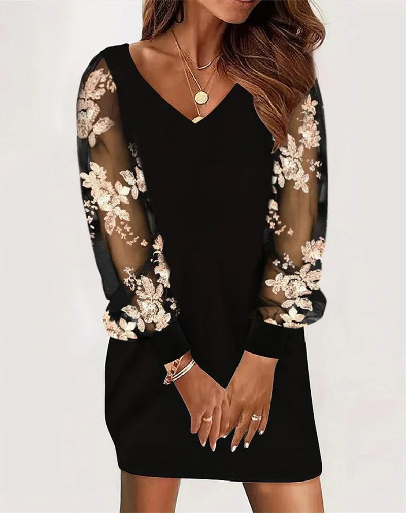 2024 Fashion Sexy V-Neck Mini Dress Vestidos Elegant Womens Autumn Winter Casual - front view | The BB's Box