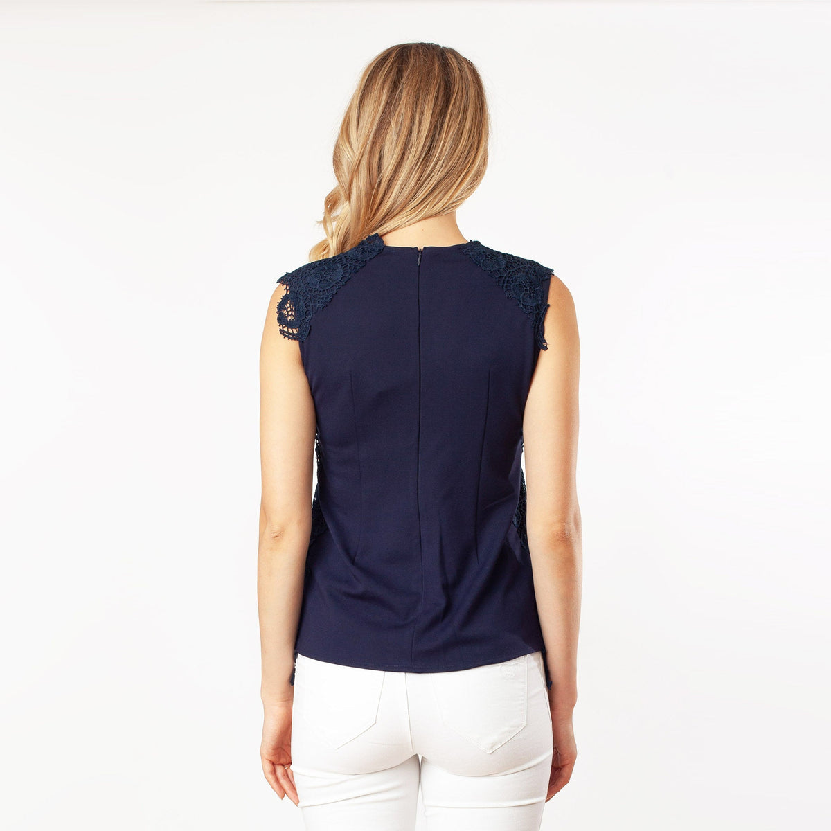 Back view of Cenia’s Sleeveless Mix-Media Blouse.