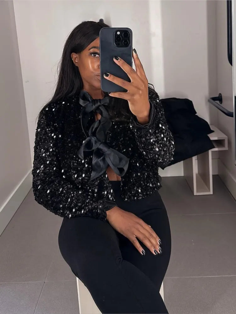 Chic Short Sequin Jacket With Bow - side view | The BB's Box