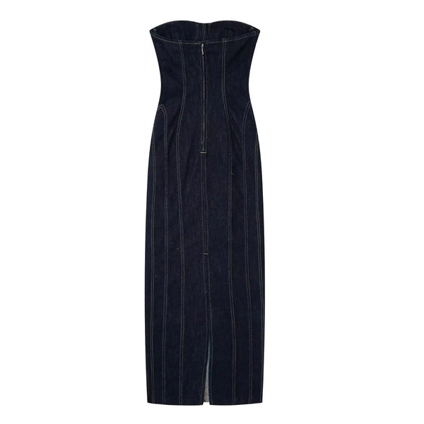 Denim Stitching Strapless Dress - front view | The BB's Box