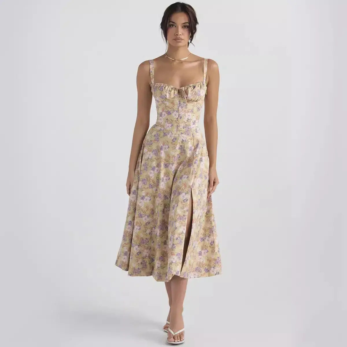Vestidos elegantes sem mangas com estampas florais e cores sólidas