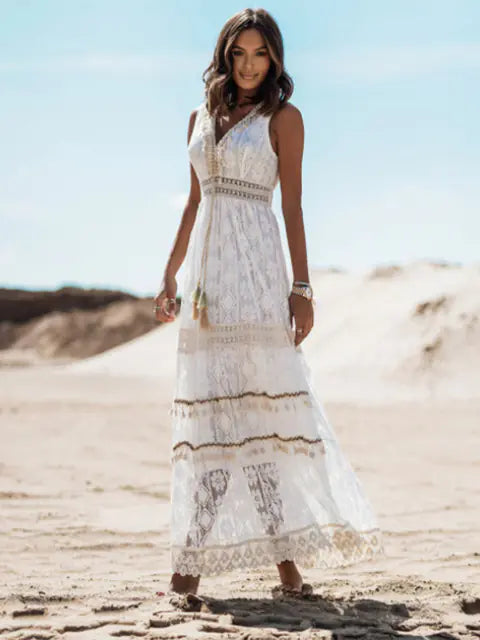 Boho Summer Sleeveless Lace V Neck Beach Dress for Women - close-up | The BB's Box