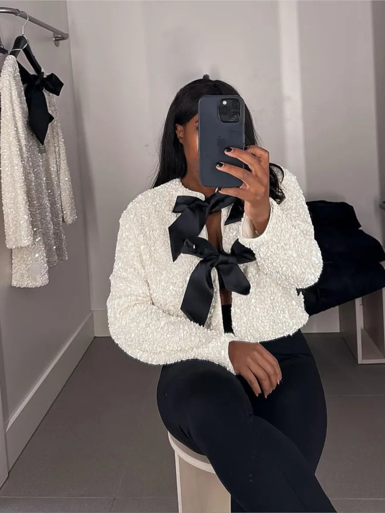 Chic Short Sequin Jacket With Bow - back view | The BB's Box