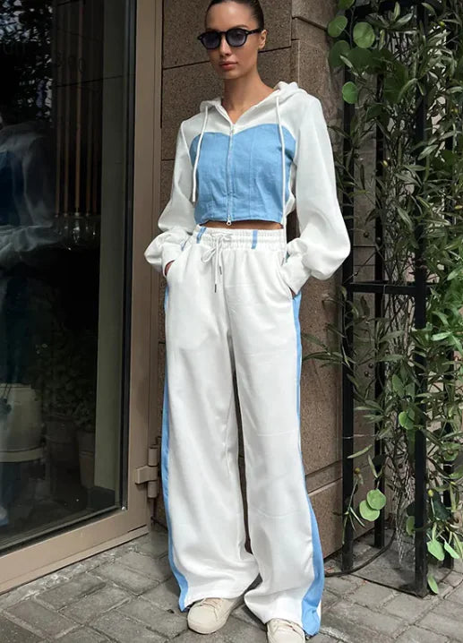 Conjunto casual de cardigã e calça de moletom com blocos de cores