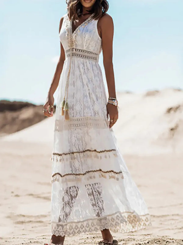Boho Summer Sleeveless Lace V Neck Beach Dress for Women - front view | The BB's Box