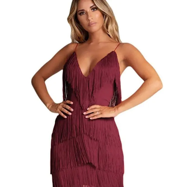 Deep V-Neck Fringe Tassel Dress - side view | The BB's Box